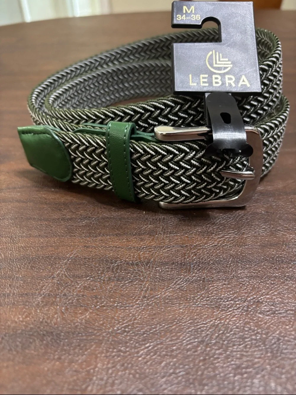 LEBRA Men's Green Woven Elastic Belt with Silver Buckle - Picture 2 of 3